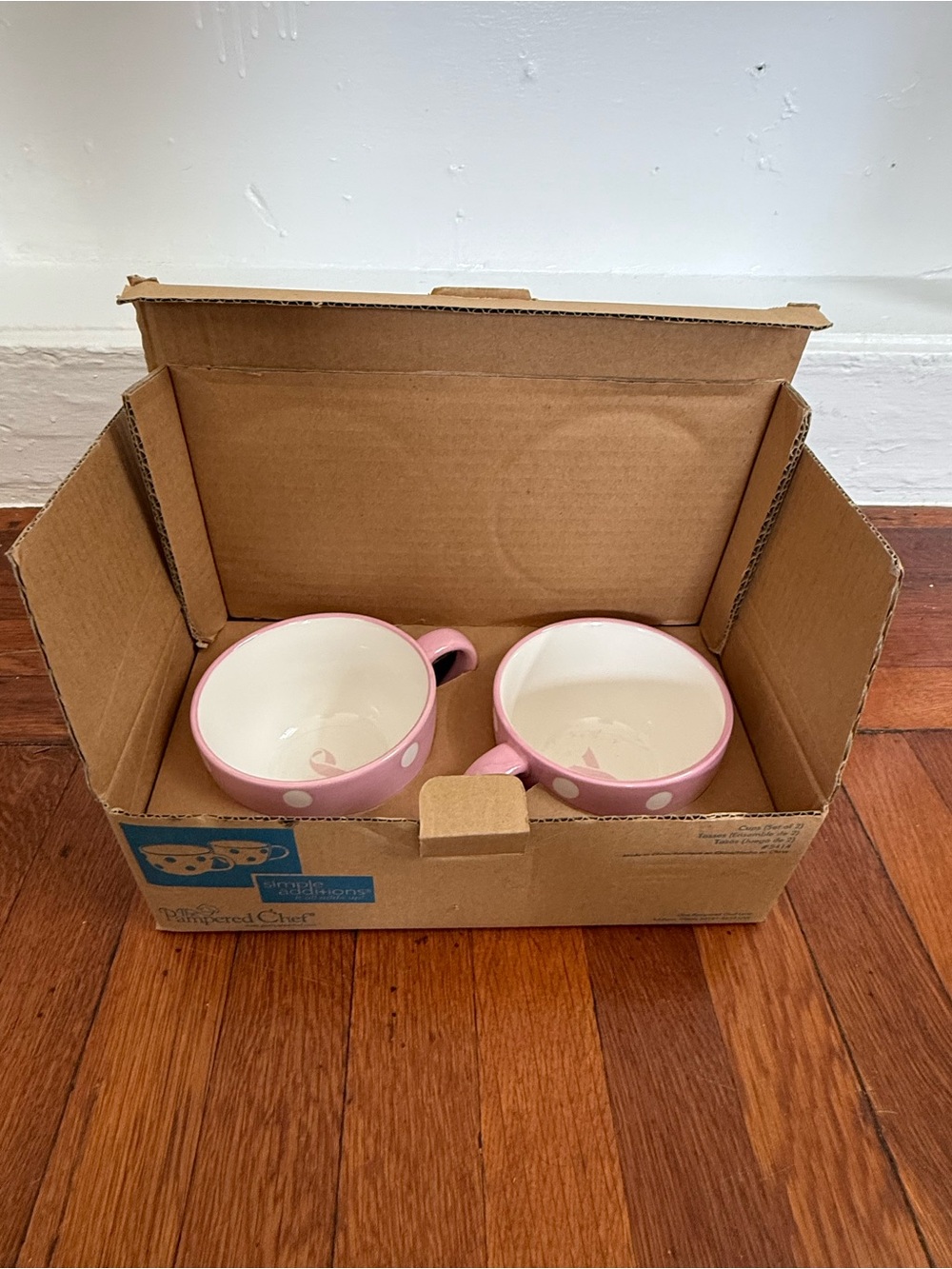 NIB Pampered Chef Pink Polka Dot Mug Cup Set Help Whip Cancer